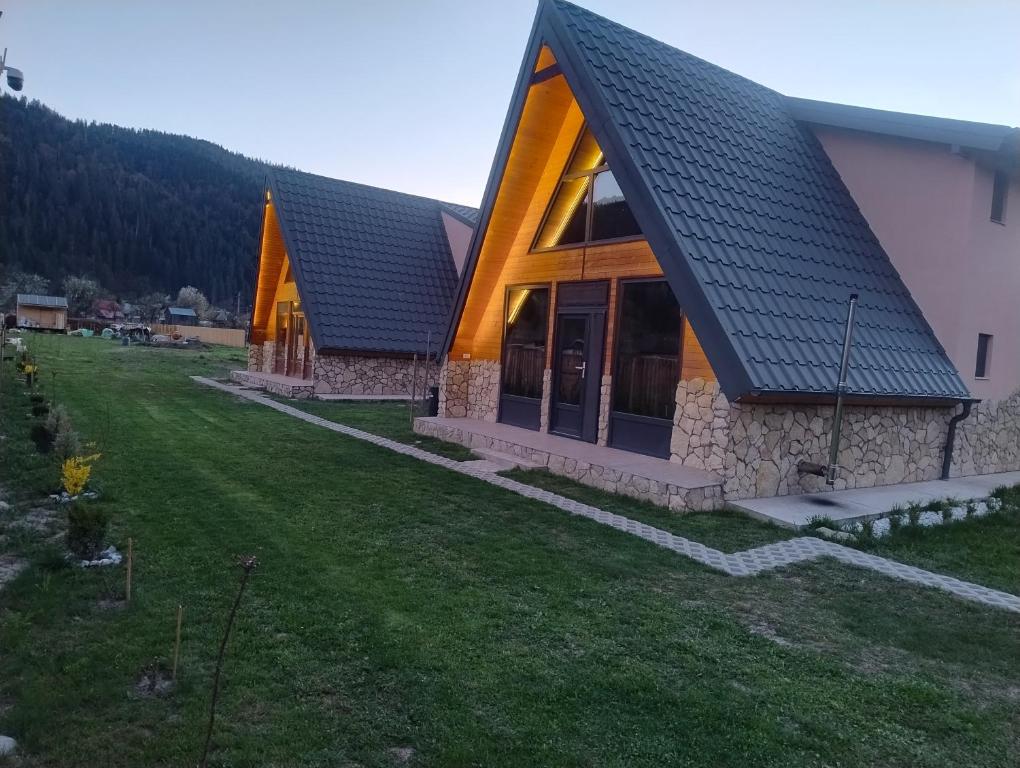 a house with a black roof and a yard at Cabana AFrame EmAli in Poiana Teiului
