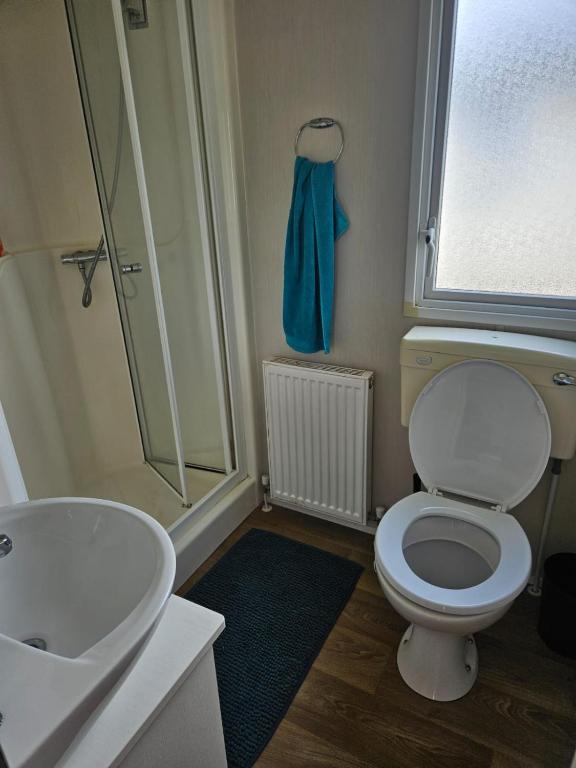 a bathroom with a toilet and a sink and a shower at PMH rental in Saint Osyth
