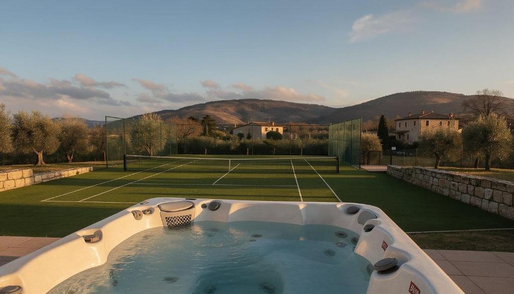 a jacuzzi tub with a tennis court at La Casa di Nonna Iolanda in Gualdo Cattaneo
