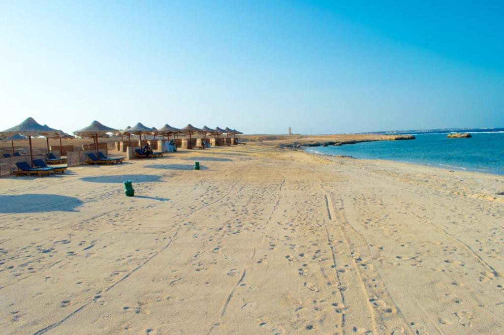 a beach with umbrellas and chairs and the ocean at شاليه 2 غرفه in Marsa Alam