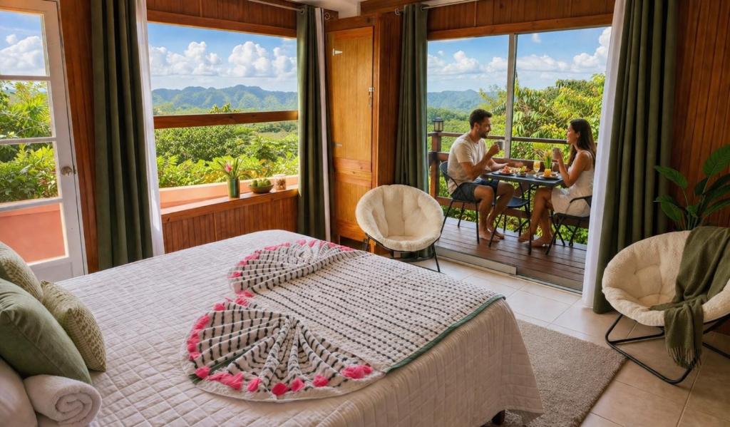 a man and a woman sitting at a table in a bedroom at Mi Verde Horizonte in Utuado