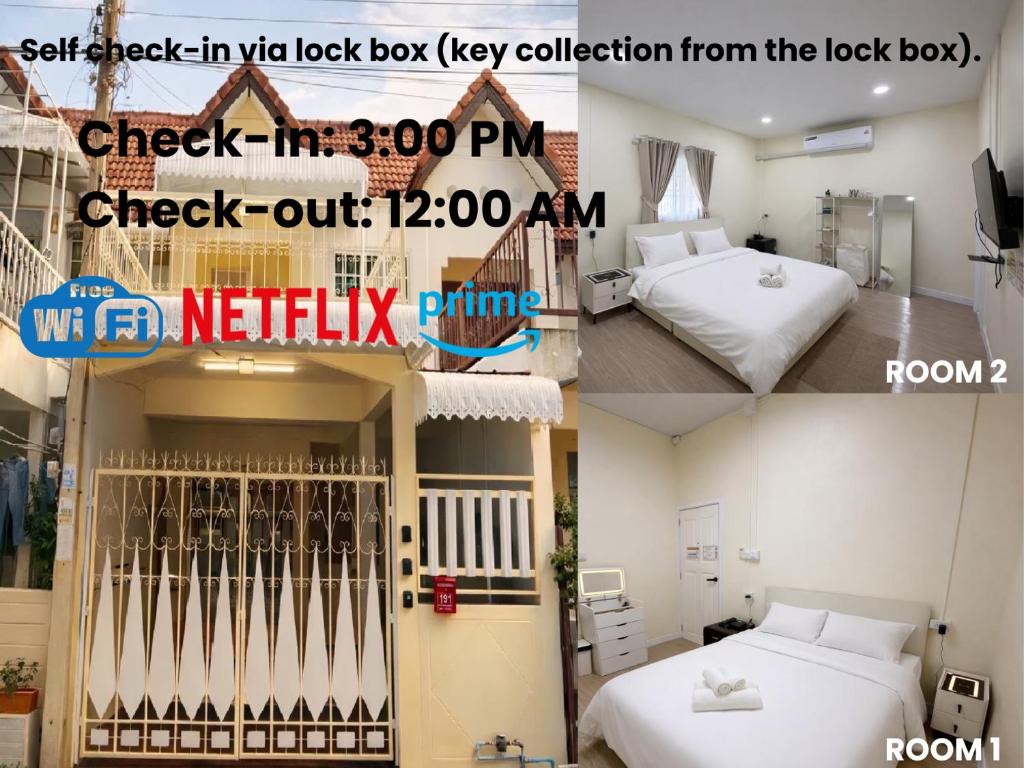 a collage of two pictures of a room with two beds at Caesar's Corner 2 Bedroom House in Ban Lak Roi