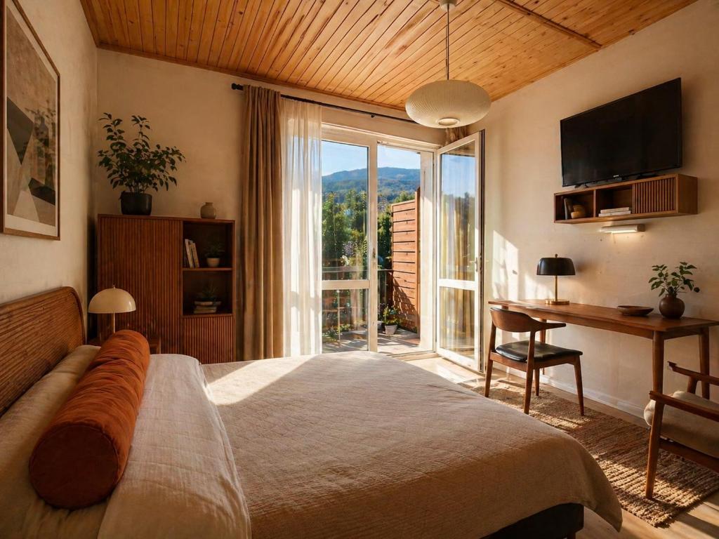 a bedroom with a bed and a desk and a window at Pod Zapalenicą w centrum in Szczyrk