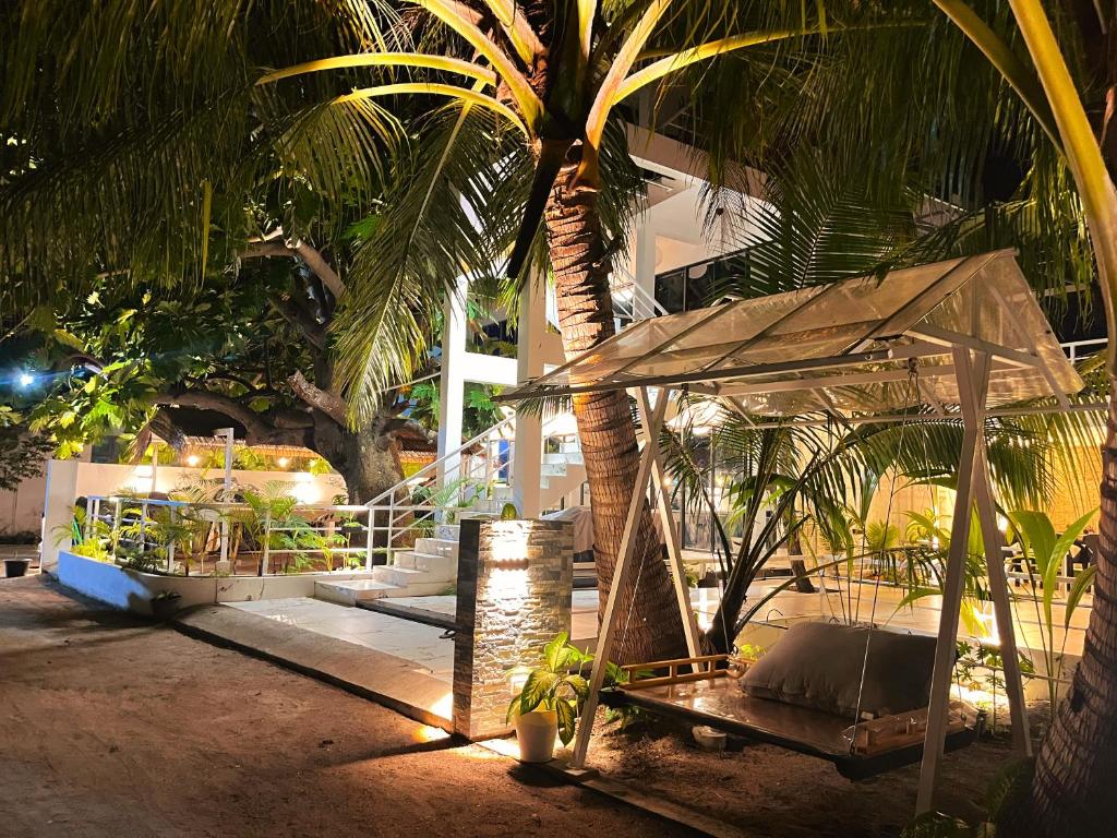 a bed under a tent next to a palm tree at Oceana Surf Maldives - Kudahuvadhoo Island Surf Retreat in Kudahuvadhoo