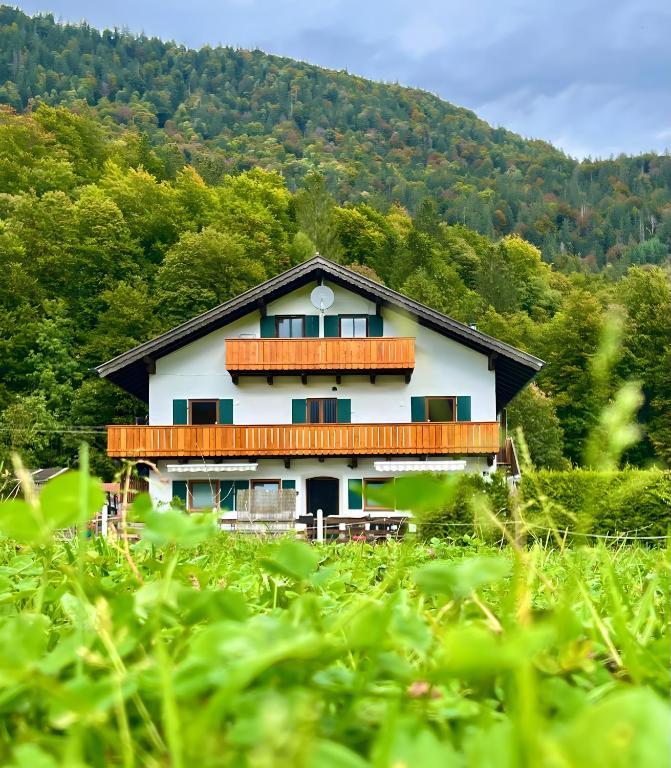 ein weißes Haus mitten in einem Wald in der Unterkunft Schulerhof in Oberau