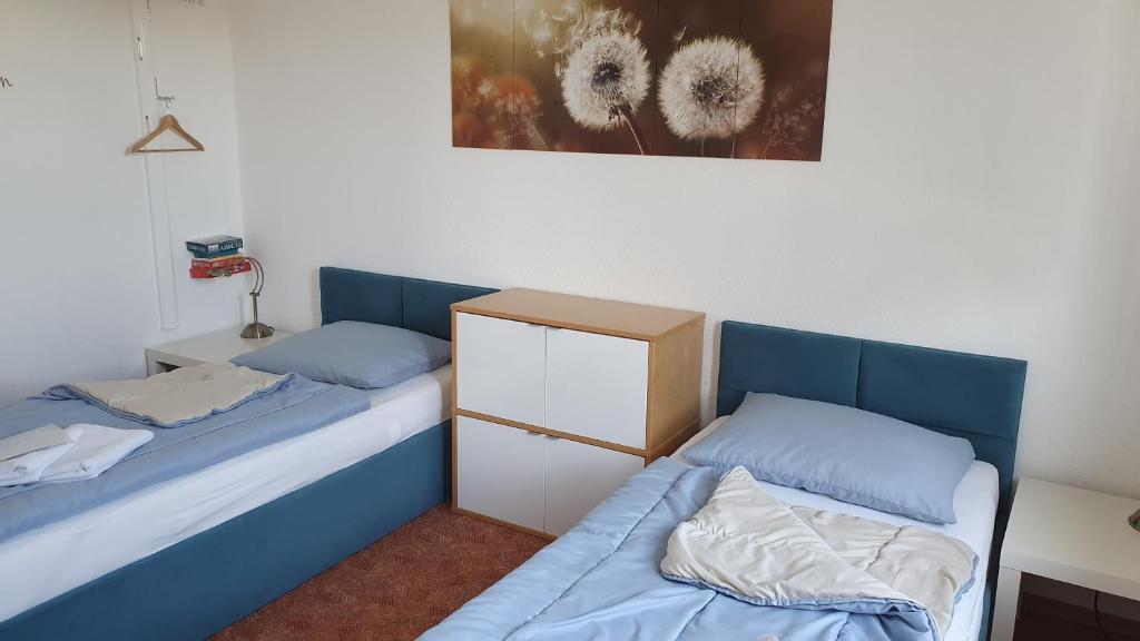 two beds in a room with blue walls at Apartment Christa in Schwendi