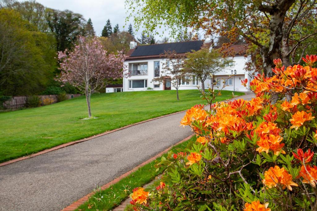 a house with orange flowers in front of a driveway at Drumfin Cottage in Elgin