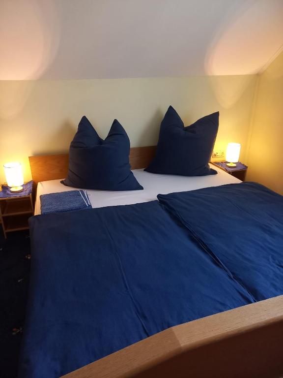 a bedroom with two blue pillows on a bed at Privatzimmer Daniela und Hubert Gosch in Mixnitz