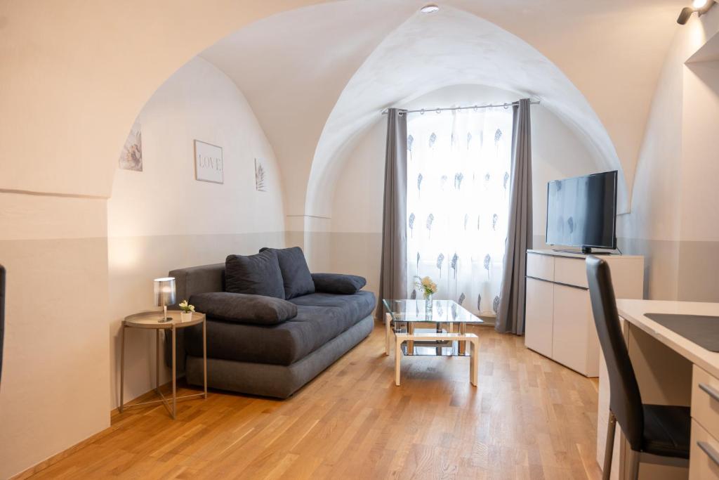 a living room with a couch and a tv at Paky Appartements 00314 in Bruck an der Leitha