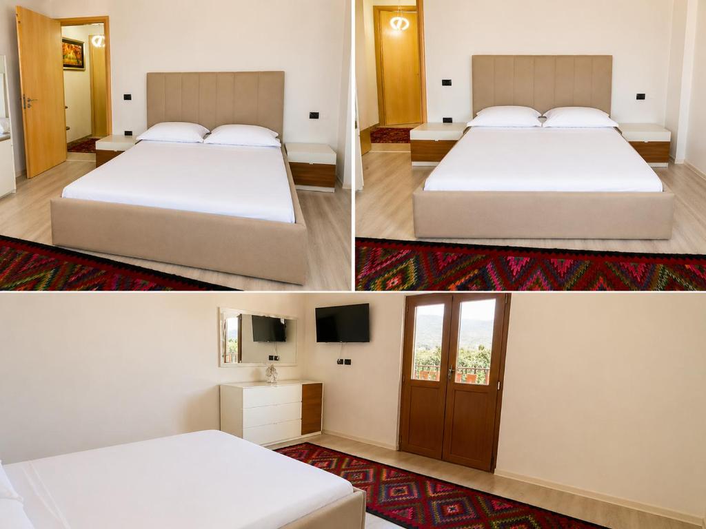 two pictures of a bedroom with two beds and a tv at Versailles Rooms in Dukati i Ri