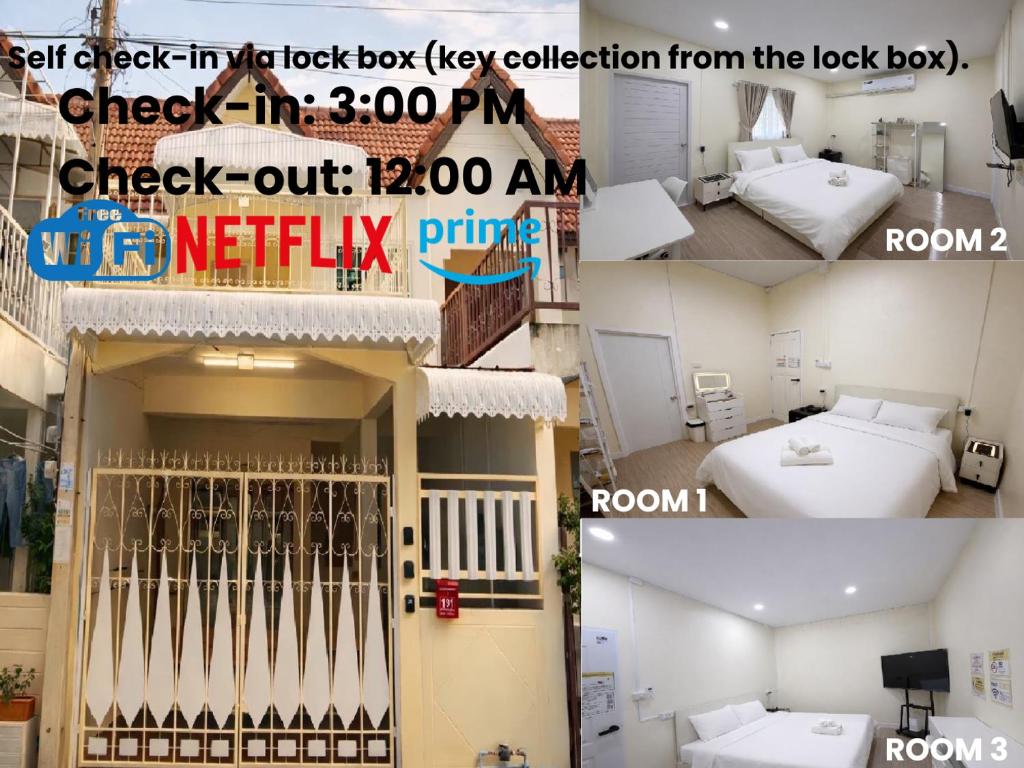 a collage of three pictures of a room with a bed and a room at Caesar's Corner 3 Bedroom House in Ban Lak Roi