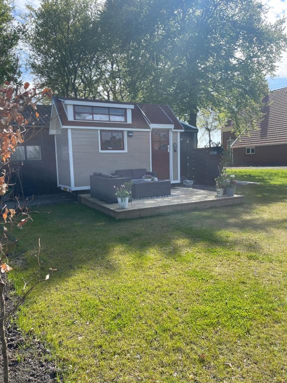 a small shed with a couch in a yard at Op zoek naar een leuke overnachting Te huur Prachtig Tiny House De Hutte in Siddeburen