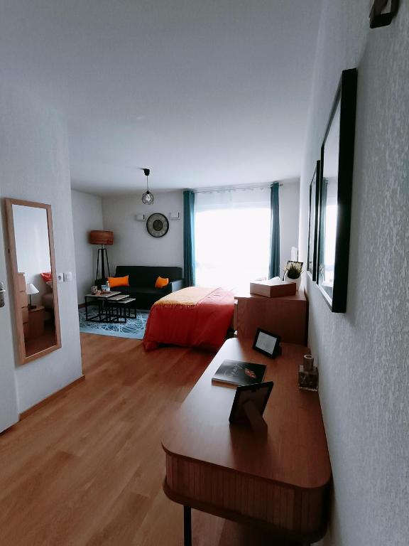 a living room with a bed and a desk in a room at Studio avec parking gratuit in Cenon
