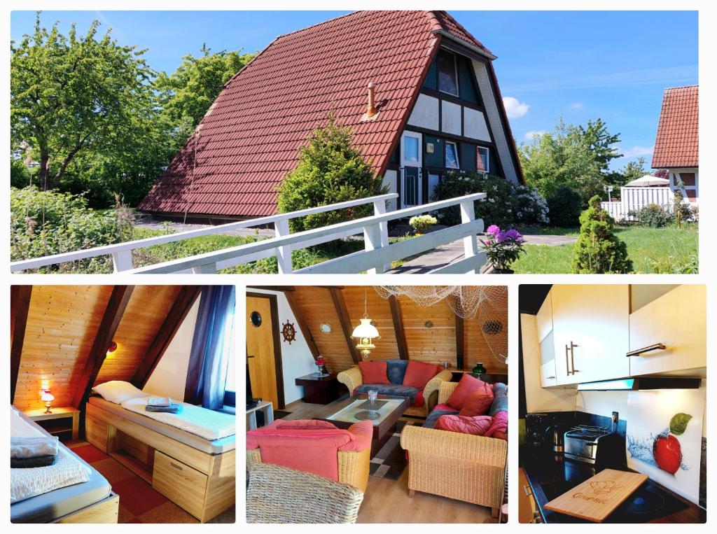 a collage of pictures of a home with a red roof at Ferienhaus Ankerplatz Twielenfleth im Feriendorf Altes Land in Hollern-Twielenfleth