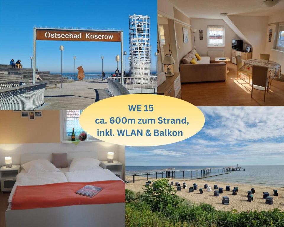 a collage of two pictures of a bedroom and a beach at Ferienwohnung 15 in Koserow in Koserow
