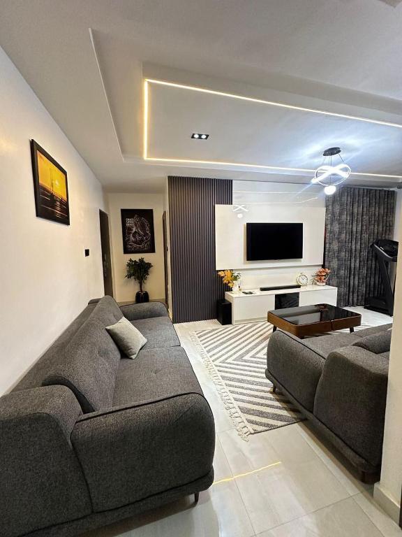 a living room with a couch and a television at Skybuilt Apartment in Abuja
