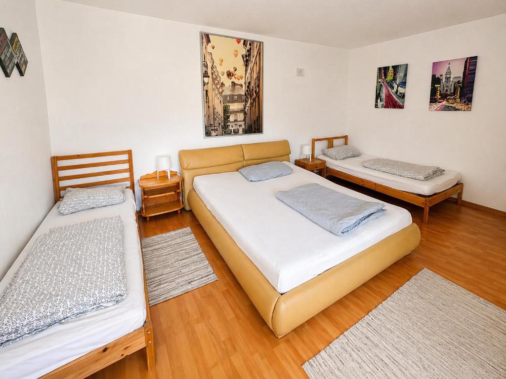 a bedroom with two beds and two rugs at Apartment Hope Inn in Groß-Zimmern