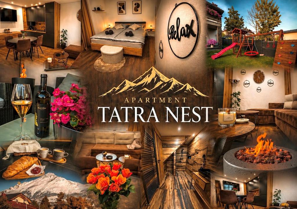 a collage of a living room with a fireplace at Apartmán TatraNest in Nová Lesná