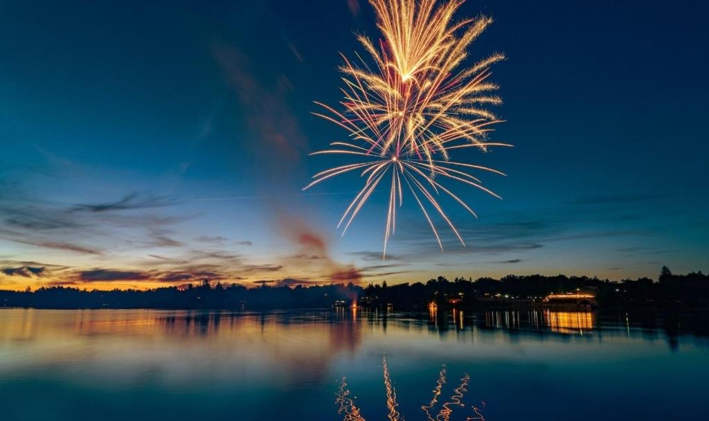 a firework in the sky over a body of water at Lakefront Suite with Geodesic Dome Experience in Stouffville