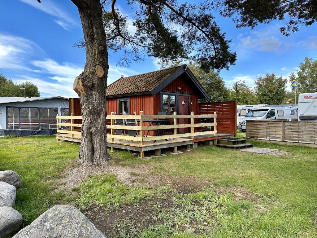 a red cabin with a tree in the yard at Horns Skärgårdscamping in Nyköping