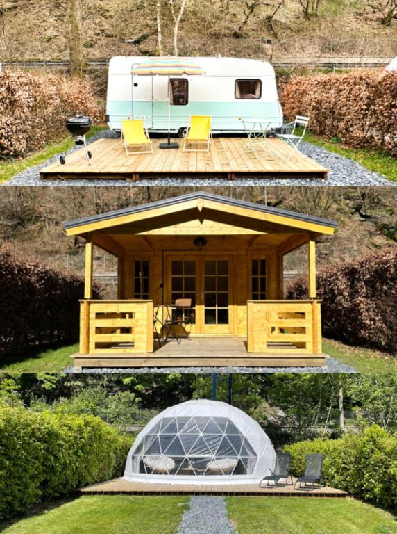 two pictures of a camper and a gazebo at ARDENNE CAMPING MABOGE in La-Roche-en-Ardenne