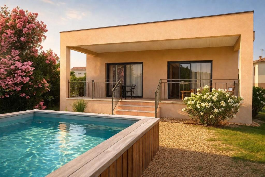 a house with a swimming pool in front of a house at Villa familiale avec piscine hyper centre in Valras-Plage