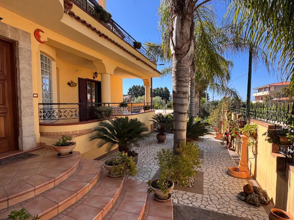 a courtyard with palm trees and a house at Residenza Sole e Luna Capo Vaticano in Ricadi