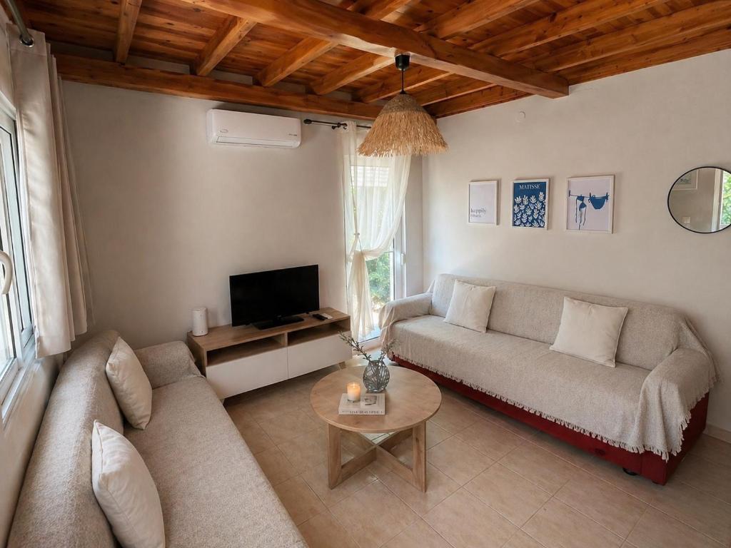 a living room with a couch and a tv at Wooden Loft 3min Walk to Beach in Alexandroupoli