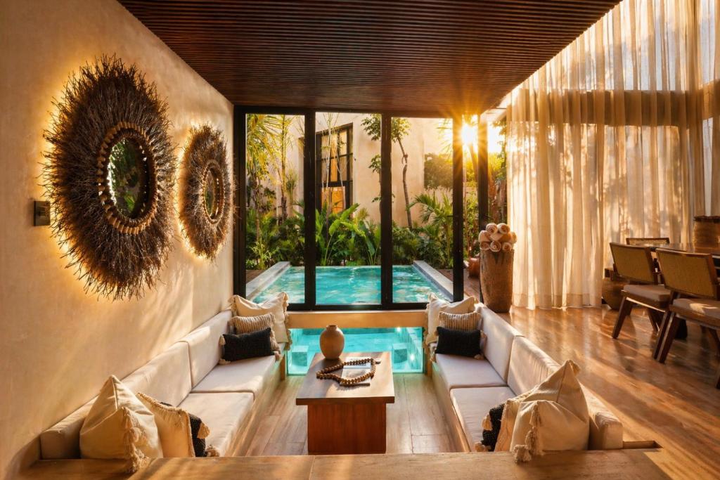 a living room with a pool in a house at Trobbu Boutique Collection Riviera Maya - All inclusive in Tulum