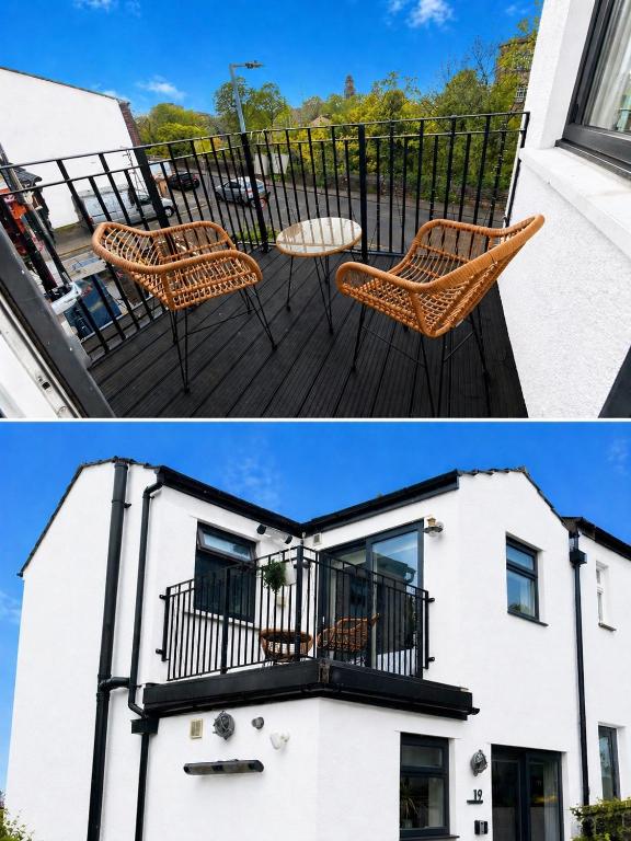 two pictures of a balcony with a table and chairs at Williamson House Lancaster in Lancaster