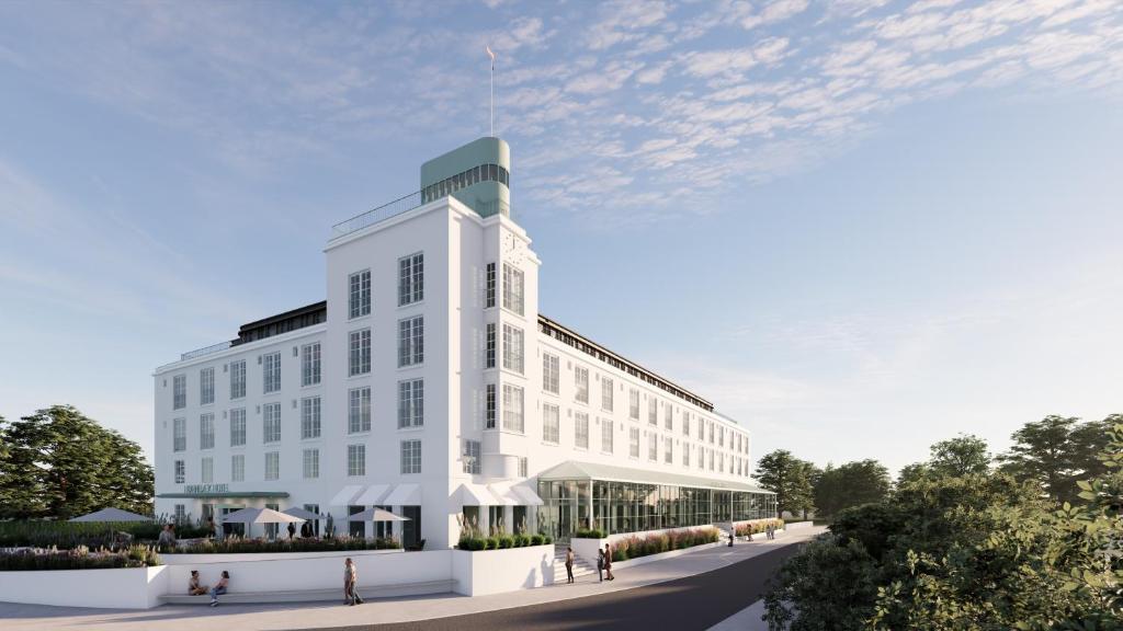 a rendering of a white building with people walking around it at CORI Hornbæk Hotel in Hornbæk