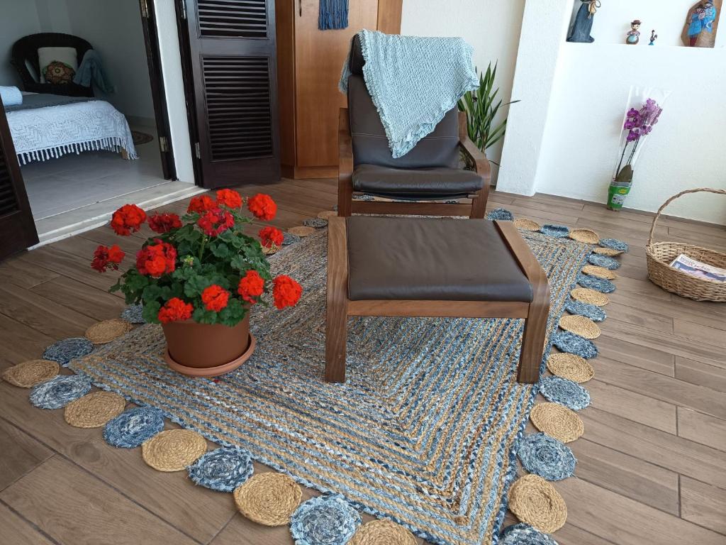 a table and a chair and a pot of red flowers at Minha Alegre Casinha in Sines
