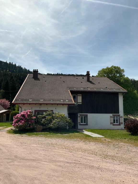 a house with a black roof on a dirt road at LES CŒURS DU TILLEUL in Gérardmer