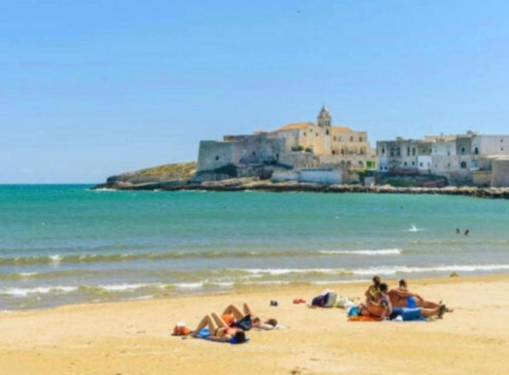 a group of people laying on a beach near the ocean at Stradone centrale in Vieste