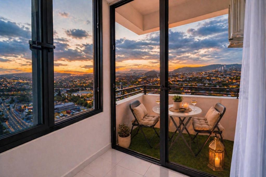 a balcony with two chairs and a table with a view at Apartamento con vistas, balcón, gym y parking in Tegucigalpa