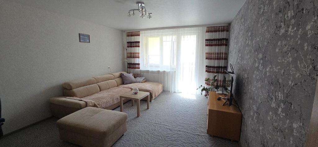 a living room with a couch and a table at Dubysa Apartments in Raseiniai