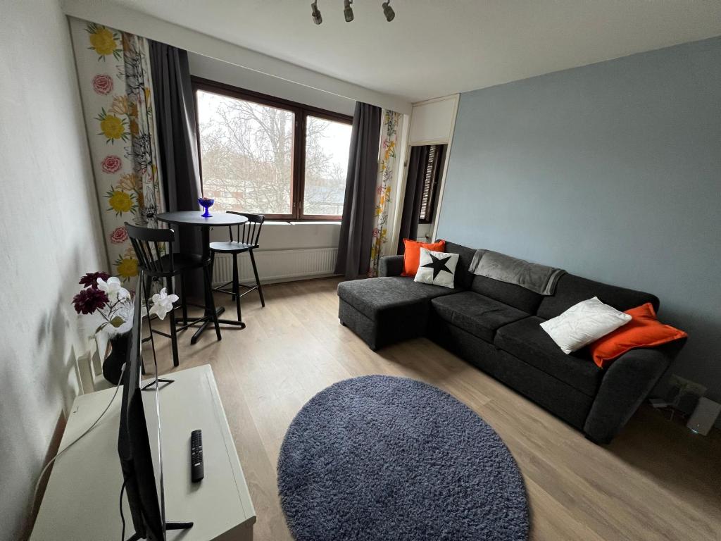 a living room with a couch and a table at Cozy studio with a good location in Lappeenranta
