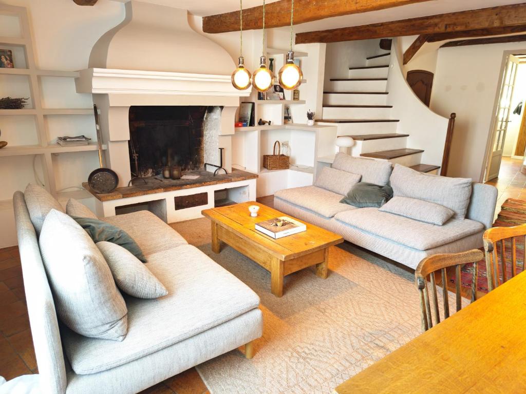 a living room with two couches and a fireplace at Clair de Provence in Entrevennes