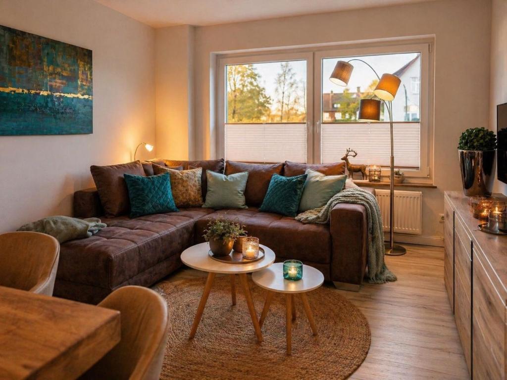 a living room with a couch and a table at MiraBlau Braunlage in Braunlage