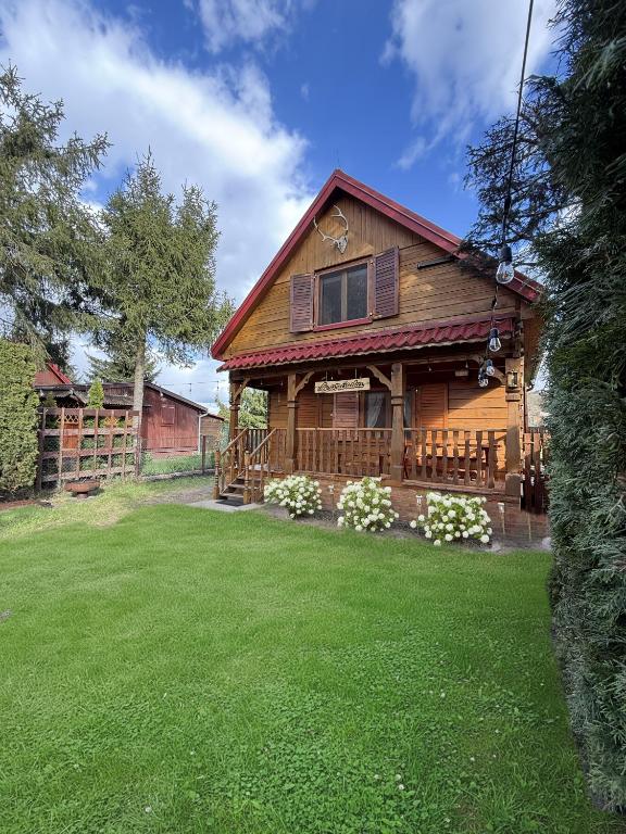 a log cabin with a yard in front of it at Leonówka in Nowogród