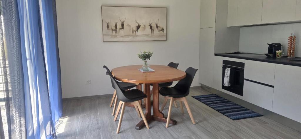 a kitchen with a wooden table and chairs in a room at Appartamento CHAN in Cama