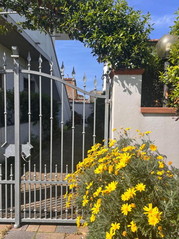 a gate in front of a house with yellow flowers at Casa sole cuore amore in Torre del Lago Puccini