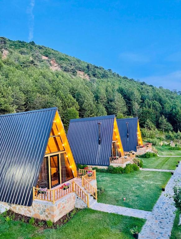 a row of cottages on a hill with trees at Alpine Cabins Gjinar in Gjinar