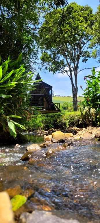 a log cabin next to a stream with a tree at Chalé in Alfredo Wagner
