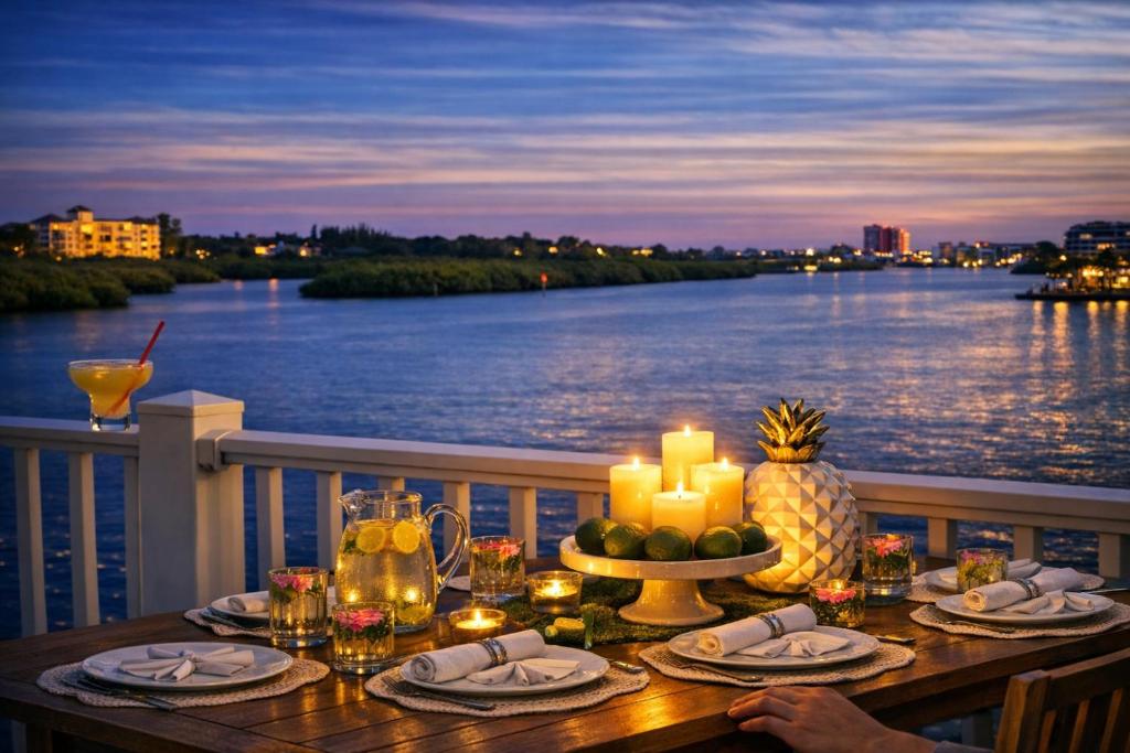a table on a balcony with a view of the water at Amazing views & steps to beach 2B-2Bath-Pool - 207 in Clearwater Beach