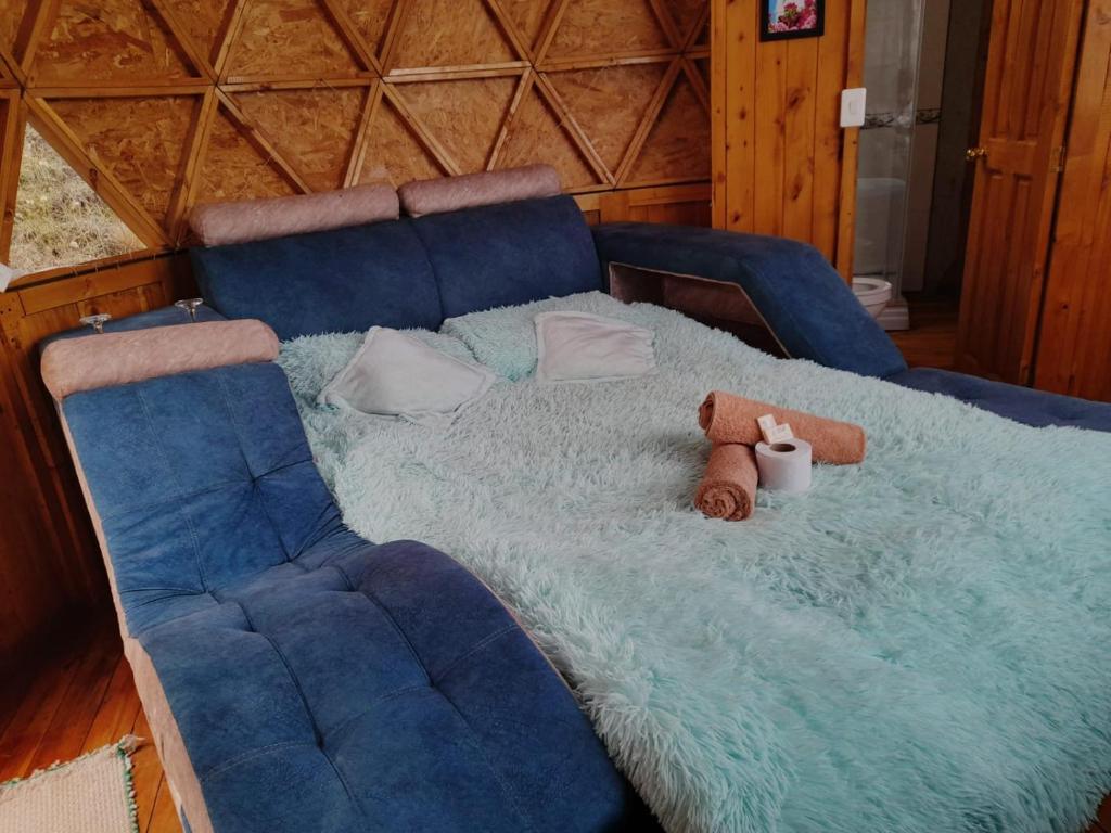 a blue couch with a teddy bear on it at Glamping Centauro in Tota