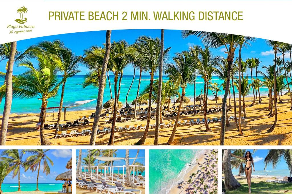 a collage of photos of a beach with palm trees at Hotel NEON by Playa Palmera Beach Resort in Punta Cana