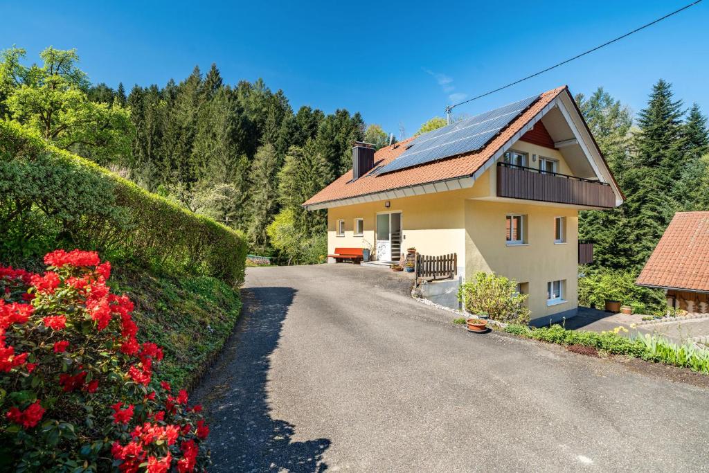 a house with a solar roof on a road at Spinnertonihof in Bad Peterstal
