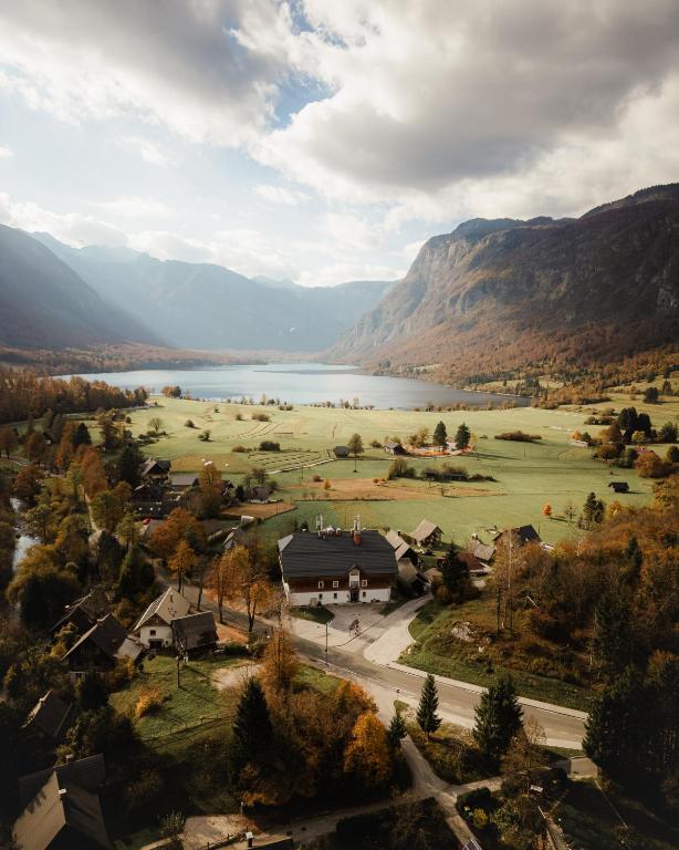 an aerial view of a town with a lake and mountains at Apartmaji Triglav in Bohinj
