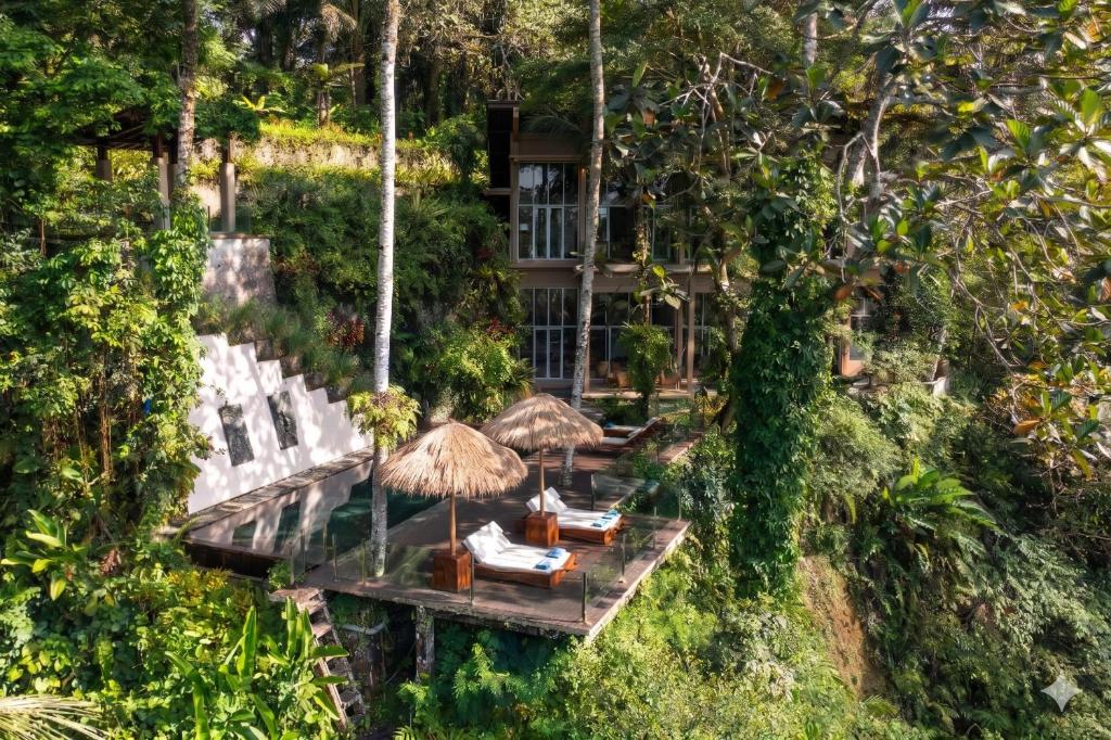 an aerial view of a resort with chairs and umbrellas at Villa Kalisha - Romantic, Seclusion in the heart of Nature in Tegalalang